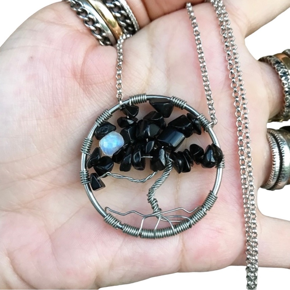 Tree onyx necklace . onyx chips & moonstone tree of life wire wrap necklace